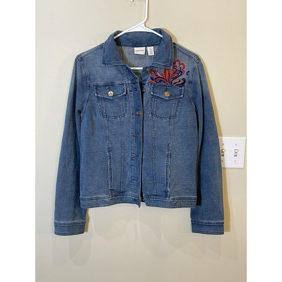 Chico's Jackets & Blazers - Chicos Zenergy‎ Size 0 French Terry Indigo Jean Jacket Embroidered Floral